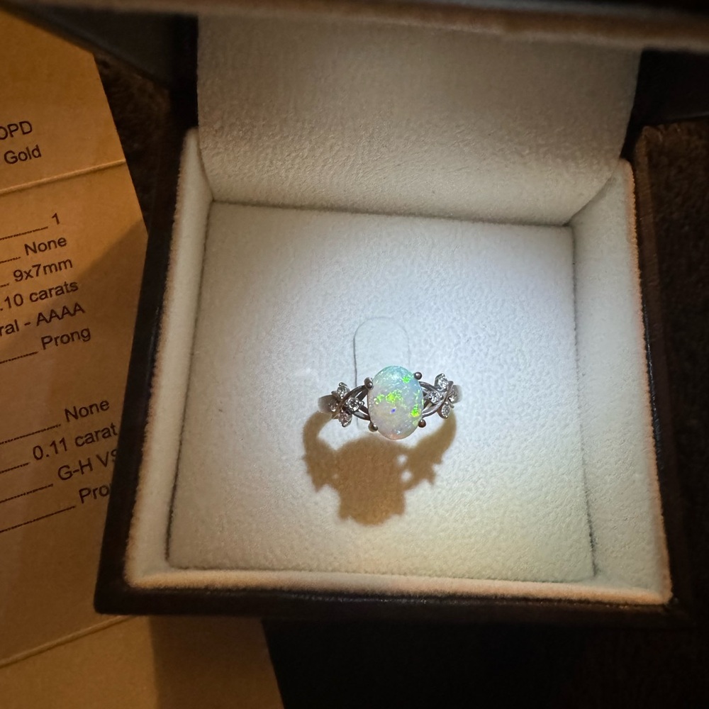 Silver and White Ring with real opal Gemstone and Accent Stones